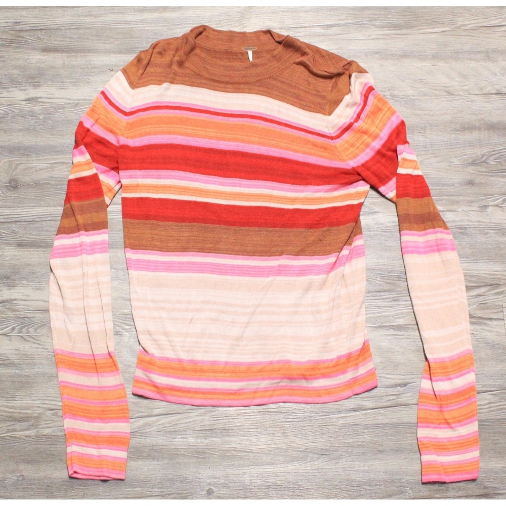 Free People Womens Medium Striped Knit Sweater Pink Brown Crew Neck Top Light